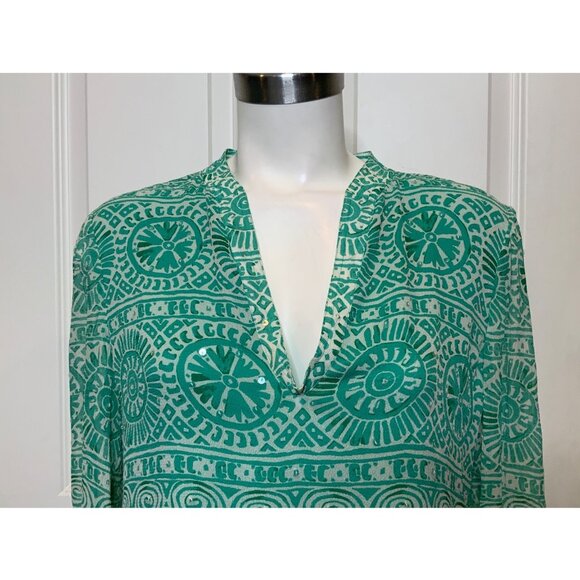 Tory Burch Green Gray Silk Geometric Sequin Tunic Top, Size 8 - Picture 2 of 10